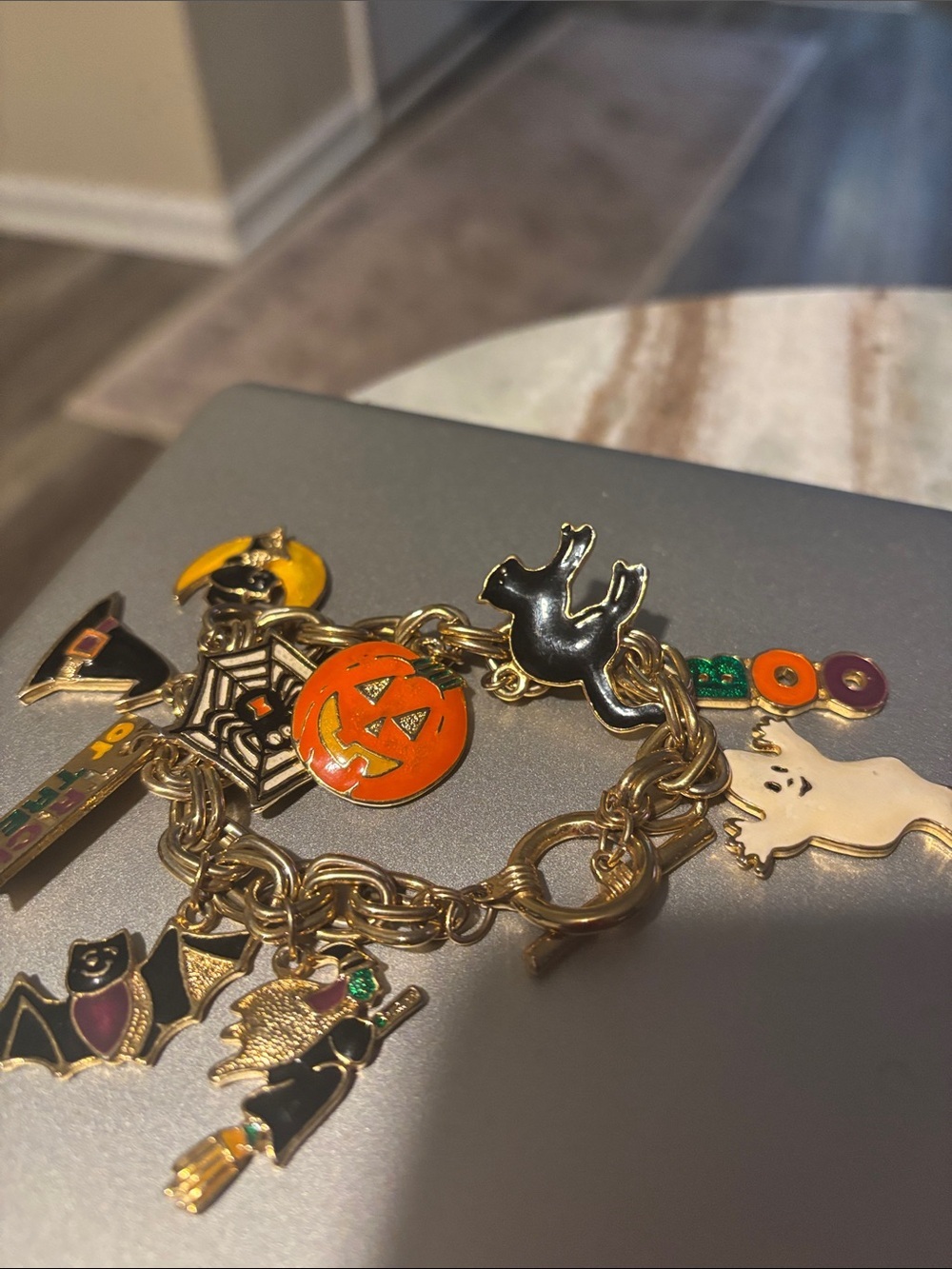 Gold Tone Halloween Charm Bracelet with Orange Pumpkin Charm